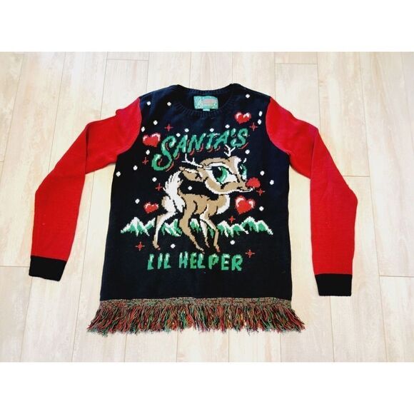 Ugly Christmas Sweater M Rudolph Santa's Little Helper Fringe Blk/Red - Picture 1 of 6